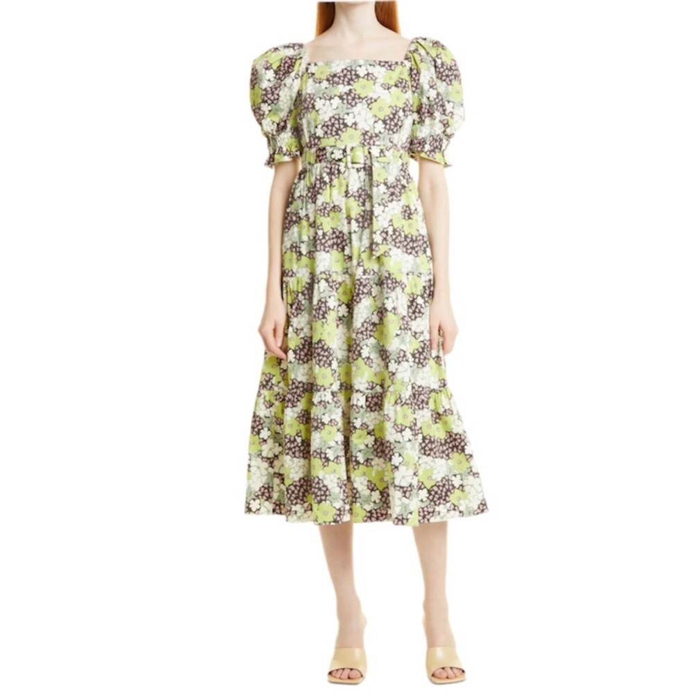 Ted Baker Maysiie green purple floral puff sleeve belted midi dress 2 or US 6